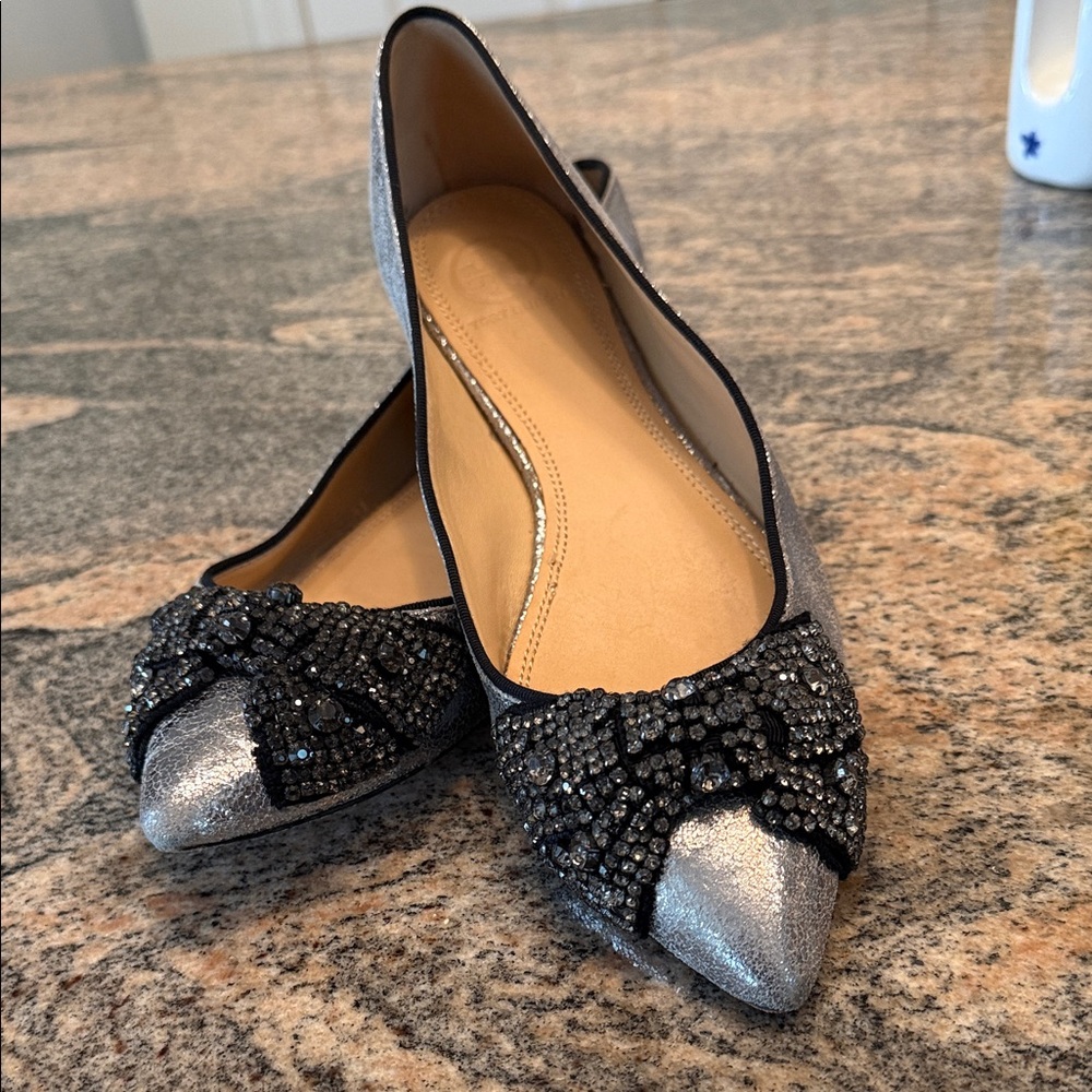 Tory Burch Silver Pointed Toe Flats with Black Beaded Bow